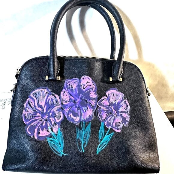 kate spade Handbags - Kate Spade Bag Petunias Floral Handpainted Black Purple Flowers Clutch Upcycled